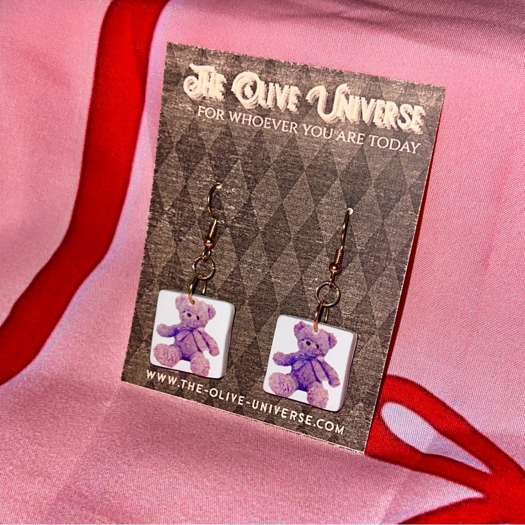 The Olive Universe Teddy Bear Square Drop Earrings